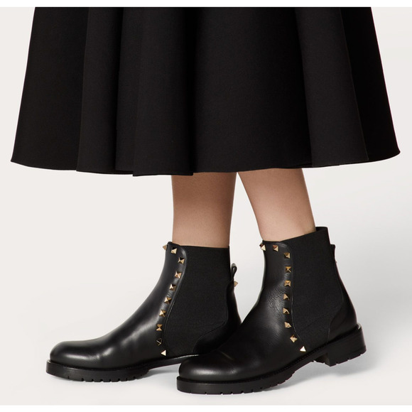 Valentino Rockstud Chelsea 20mm Black Leather Stud Heel Short Ankle Flat Boot 37 - Picture 8 of 12